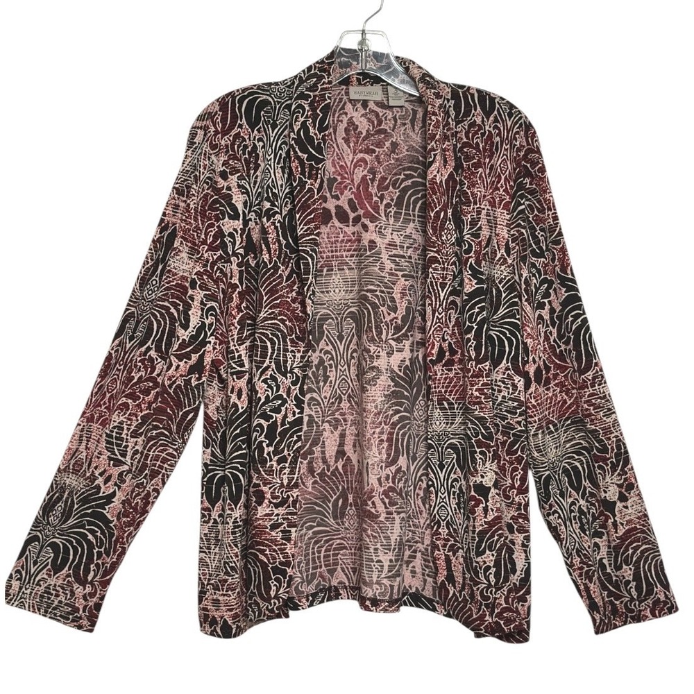 Chico's Easywear Cardigan Women Burgundy Black Floral Open Front Artsy 3/XL